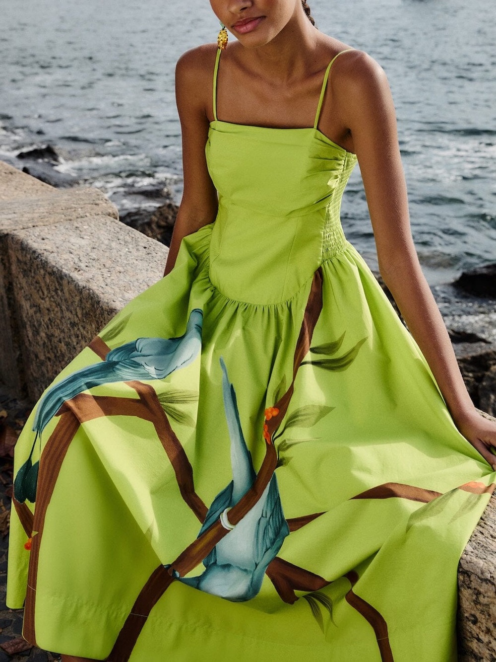 NWT FARM RIO Green Birds Smocked Maxi Dress - Picture 2 of 13